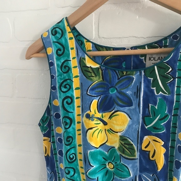 Vintage 80s Mini dress Beachy Tropical Paisley Floral Aloha Print Blue/Yellow S - Picture 2 of 7